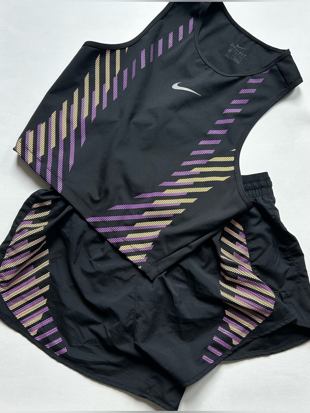 Nike Dri-FIT Running Set — Black with Purple/Gold Print, Size M